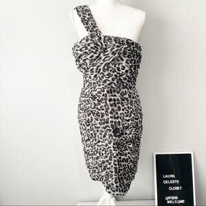 Calvin Klein gray snow leopard dress ruched sleeveless one shoulder size 10